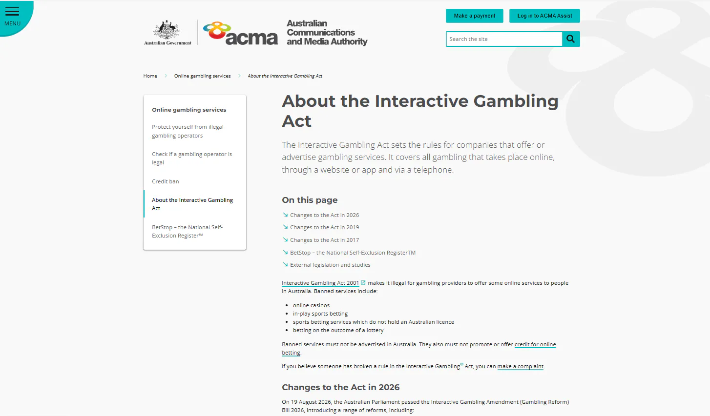ACMA guidance on online casino services under Australian gambling law